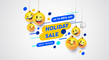 Holiday best sale template with funny social smiley face chat reaction icons. Festive christmas ornament emoticon for online store discount or business promotion.