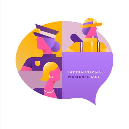 International Women's day illustration of women from diverse career jobs in social chat bubble. Includes firefighter, police and business woman.のイラスト素材