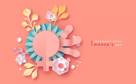 Happy Women Day holiday illustration of 3D papercut spring flower bouquet and female symbol on pink background. Cute paper craft design for international women's event.のイラスト素材