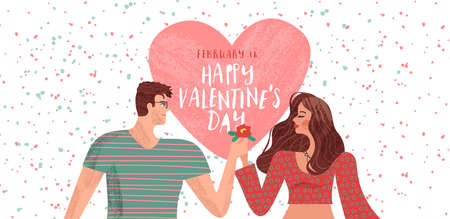 Happy Valentine's day greeting card of people in love for romantic couple holiday event. Hand drawn cartoon illustration with heart text quote.のイラスト素材