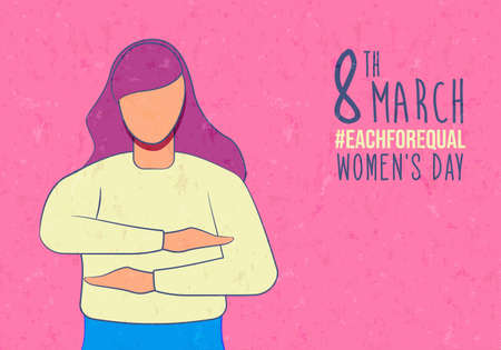 International Women's Day each for equal campaign greeting card of woman making equality arm gesture. Women rights holiday event illustration.のイラスト素材