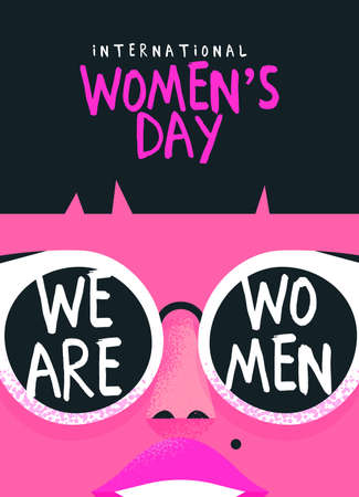 International Women's Day greeting card illustration of beautiful girl face with trendy fashion sunglasses and woman empowerment text quote. Pink feminist design for women rights event.のイラスト素材