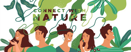 Connect with nature text quote concept and group of happy diverse people in tropical jungle garden...