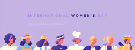 International Women's day banner template of women from diverse career jobs in modern minimalist style with copy space. Includes firefighter, police and business woman.のイラスト素材