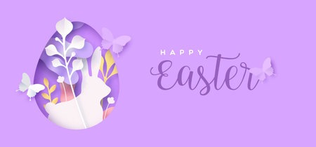 Happy easter paper cut greeting card illustration of cutout egg shape with papercut bunny, butterfly and nature decoration background. 3D spring season holiday banner design.のイラスト素材