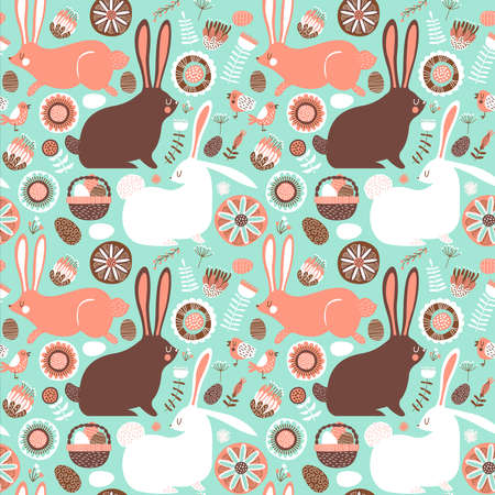 Easter rabbit seamless pattern, festive background for traditional holiday event. Cute hand drawn bunny animal doodles with floral folk decoration and painted eggs.のイラスト素材