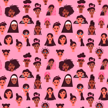 Diverse women face seamless pattern with different culture girl portrait in hand drawn style. Women's rights event background concept includes black, caucasian and muslim people.のイラスト素材