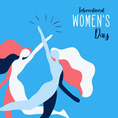International Women's Day greeting card illustration of two women dancing together. Female friendship concept for holiday celebration event.のイラスト素材