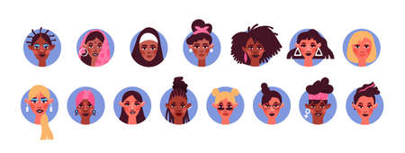 Diverse young women avatar set on isolated white background. Flat cartoon girl character portraits from different culture and race.のイラスト素材