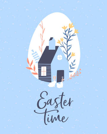 Happy easter greeting card of cute house with nature decoration and rabbit animals in children cartoon style. Festive spring holiday illustration.のイラスト素材