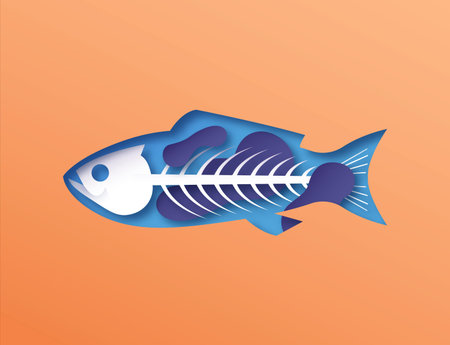 Papercut fish animal with cutout skeleton and toxic pollution inside.