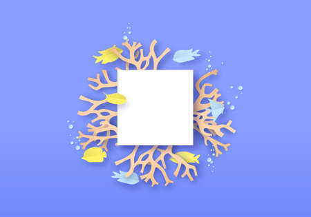 Coral reef copy space frame template with colorful papercut fish on blueのイラスト素材