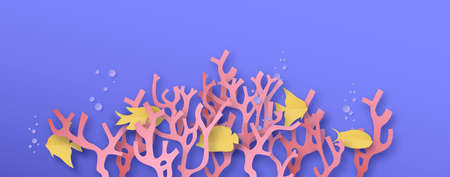 Underwater papercut  of colorful cutout coral reef with marine fish on sea waterのイラスト素材