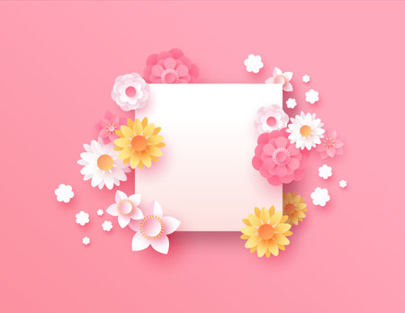 Pink papercut flower template with empty white frame. Spring season concept background, beautiful paper cut flowers in modern 3d cutout origami style.のイラスト素材