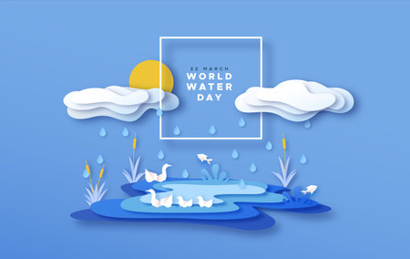 World Water day greeting card illustration of paper cut nature landscape with lake and rain clouds for clean environment campaign concept. Papercut craft wildlife scene in 3d layered papers style.のイラスト素材