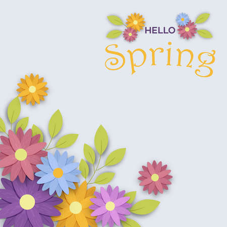Hello spring season greeting card illustration of beautiful hand drawn flower decoration and lettering text quote. Colorful nature design for holiday event or seasonal background.のイラスト素材