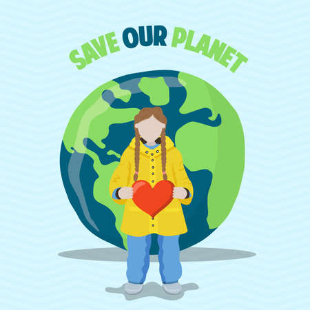Save our planet greeting card message for earth day or environment care campaign with young girl holding heart. Green world love concept, eco friendly character illustration.のイラスト素材