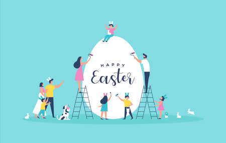Happy Easter greeting card illustration of funny family people and rabbits painting big white copy space egg together for special spring holiday event in flat cartoon style. のイラスト素材