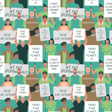 Earth day seamless pattern of diverse people crowd in environment protest or parade. Social background for nature event, men and women protester holding activist sign with green planet quotes.のイラスト素材