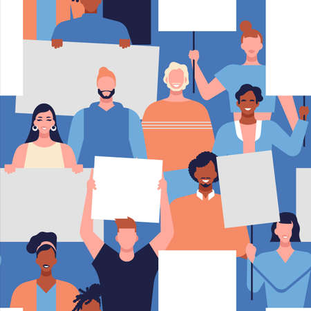Seamless pattern of  diverse young people generation at protest event holding white picket sign. Activist movement background with men and women for human rights or social issues concept.のイラスト素材