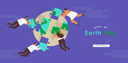 Earth day web template illustration concept of diverse people group building planet puzzle together for clean environment campaign or teamwork help, green eco friendly internet background. のイラスト素材