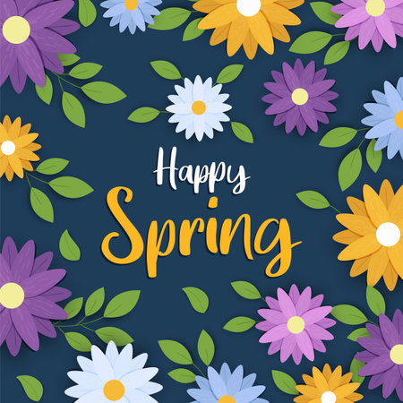 Happy spring greeting card of colorful floral season illustration with seasonal text quote. Diverse...