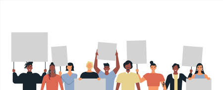 Isolated set of diverse young people generation at protest event holding picket sign on white background. Activist movement team with men and women for human rights or social issues concept.のイラスト素材