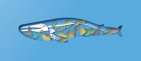 Papercut blue whale animal with cutout skeleton and toxic plastic pollution, bottles, bag inside. 3D paper cut x ray concept of dirty ocean water contamination, endangered wildlife help.のイラスト素材