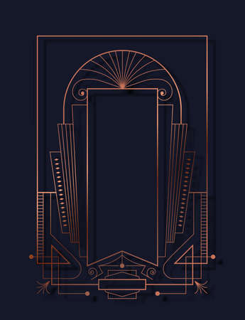 Vintage art deco style geometric frame template in copper color. Luxury 3D bronze copy space border with abstract line decoration on isolated background.のイラスト素材