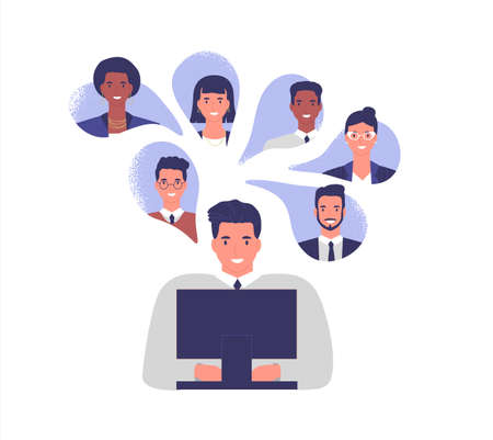 Happy business people team working online from home on isolated white background. Diverse social group in virtual conference call or job meeting.のイラスト素材