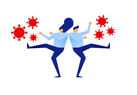 Man and woman fighting coronavirus together for pandemic outbreak cure or stop corona virus concept on isolated white background.のイラスト素材