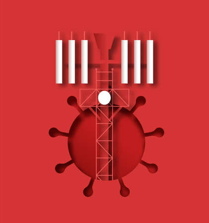 Coronavirus disease papercut illustration of 5g tower in novel covid-19 symbol. Paper craft medical design for dangerous mobile technology network concept.のイラスト素材