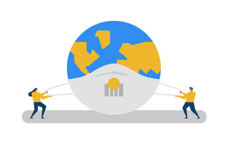 Man and woman putting surgical face mask on earth planet for global health or environment pollution help. Social collaboration concept in modern flat cartoon style.のイラスト素材
