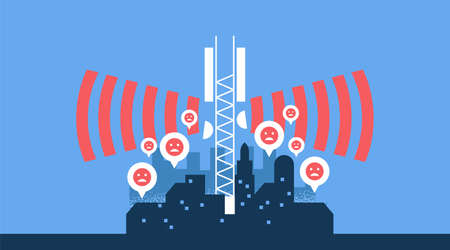 Negative impact of 5g cellular data tower waves on city with angry or sad people reaction. Harmful signal from new mobile technology, illustration concept in modern flat cartoon style.のイラスト素材