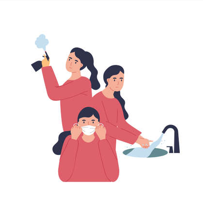 Woman character taking health protection measures for coronavirus disease prevention. Girl washing hands, disinfecting and wearing face mask on isolated white background.のイラスト素材