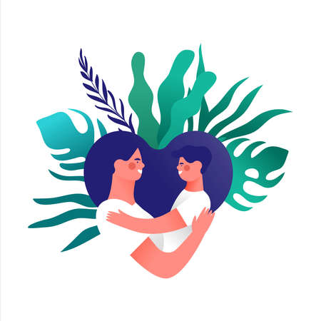 Happy mother hugging son with modern green nature decoration in heart shape for motherhood scene concept, maternity psychology or mom kid relationship.のイラスト素材