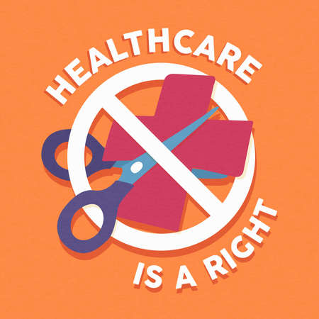 Health care is a right illustration in modern flat cartoon style. Affordable medical help or political protest. Scissor cutting funding for medicine service.のイラスト素材