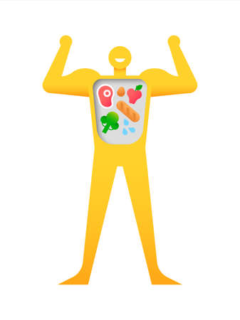 Happy strong man with balanced diet, healthy eating and nutrition concept. Organic food includes broccoli vegetable, apple fruit, water, meat.のイラスト素材