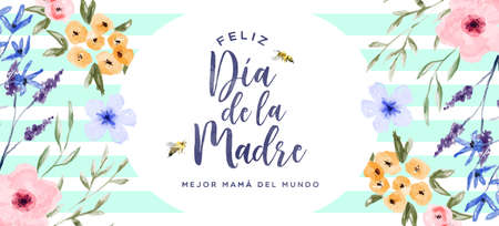 Happy Mother's Day greeting card banner in spanish language, hand drawn watercolor flowers and garden bees. Women family holiday floral spring decoration design for mother love.のイラスト素材