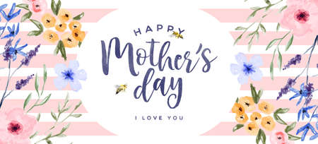 Happy Mother's Day greeting card banner with beautiful hand drawn watercolor flowers and garden bees. Women family holiday floral spring decoration design for mother love.のイラスト素材