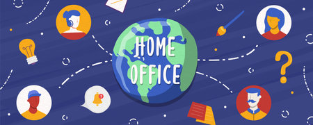 Home office banner illustration of global work team connected online for business meeting, creative brainstorm or job communication. のイラスト素材