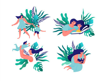 Different motherhood life scenes, good mother illustration concept set on isolated background. Positive woman role model or mom character with modern green nature decoration.のイラスト素材