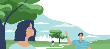Man and woman saying hello in green public park landscape with trees, city skyline. Social meeting concept, friends hanging out. Includes copy space background.のイラスト素材