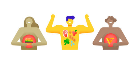 Eating habits comparison concept, happy healthy man with balanced diet and sick people from fast food. Negative effect of unhealthy meal.のイラスト素材