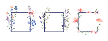 Floral watercolor frame set on isolated white background. Traditional vintage style hand drawn...
