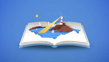 Open book of beach coast landscape in paper cut style with lighthouse, boat and coastal town. Summer sea side view, 3d papercut illustration for tourism or vacation travel concept.のイラスト素材