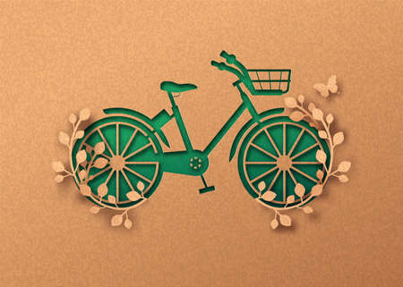 Bike transportation papercut illustration with butterfly and plant leaf growing inside. Eco-friendly bicycle ride, green vehicle 3d cutout in recycled paper for environment concept.のイラスト素材