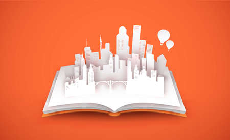 Open book with modern city skyline in 3d paper cut style. Empty white town papercut illustration for real estate business, architecture planning or education concept.のイラスト素材