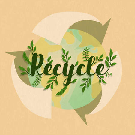 Recycle symbol illustration with green earth planet map and plant leaf. Environment help concept for recycling activity.のイラスト素材