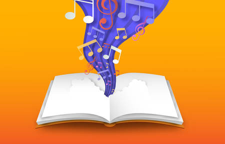 Open book of colorful music note sheet in paper cut style. Musical skill design, 3d papercut illustration for education or creative concept.のイラスト素材
